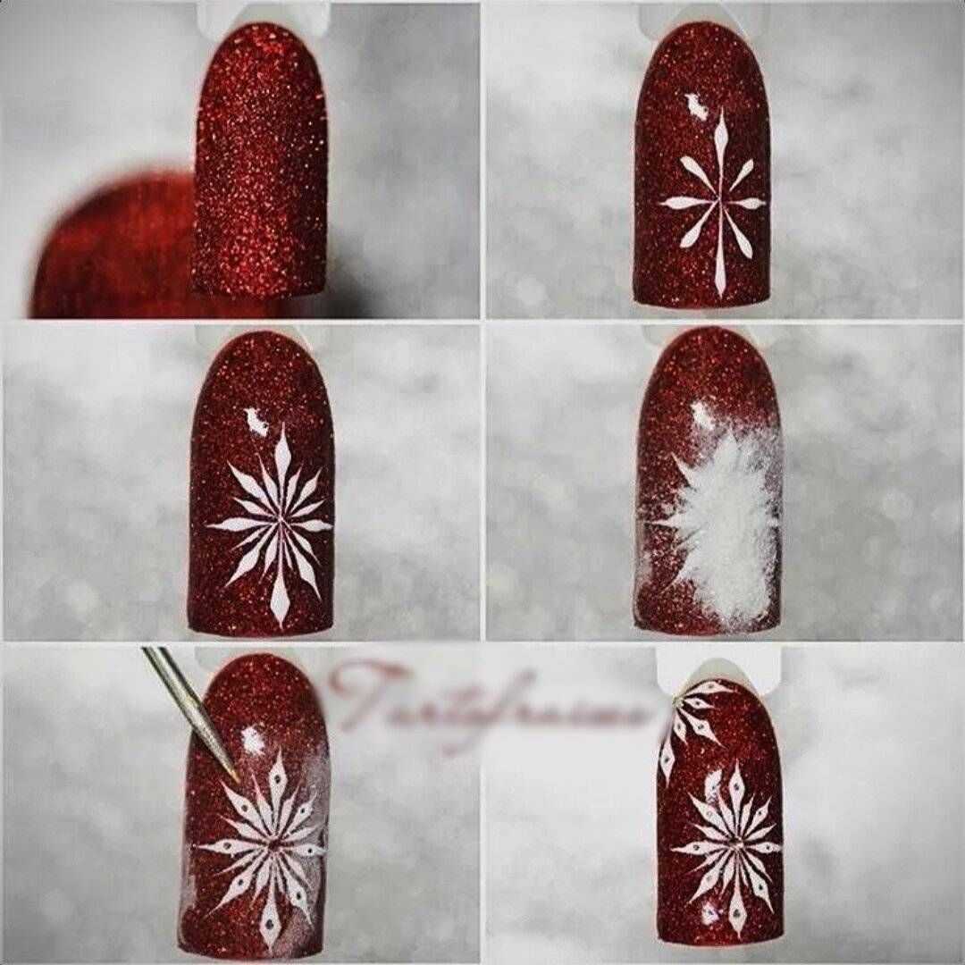 Рисование снежинки на ногтях