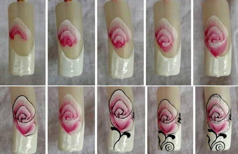 Рисунок розы на ногтях