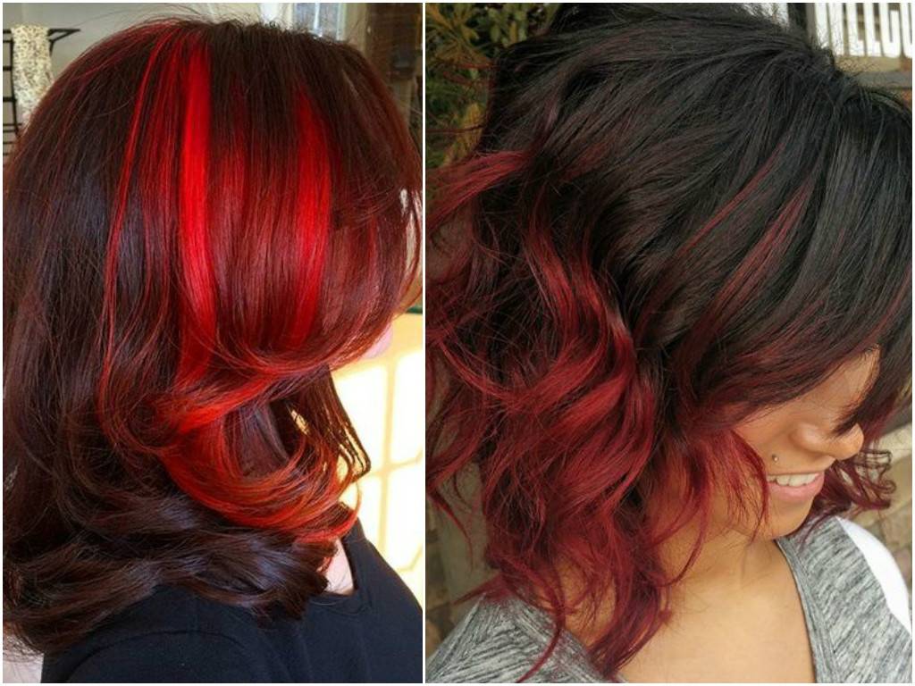 Красный но после. Красное мелирование на темные волосы. Красное мелирование на черные волосы. Мелирование на тёмные волосы красными прядями. Мелирование красным цветом.